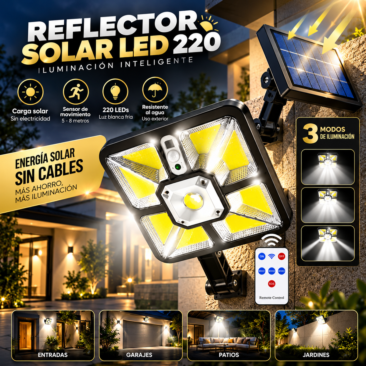 Reflector Solar LED 220 | Potencia e Iluminación Sin Cables